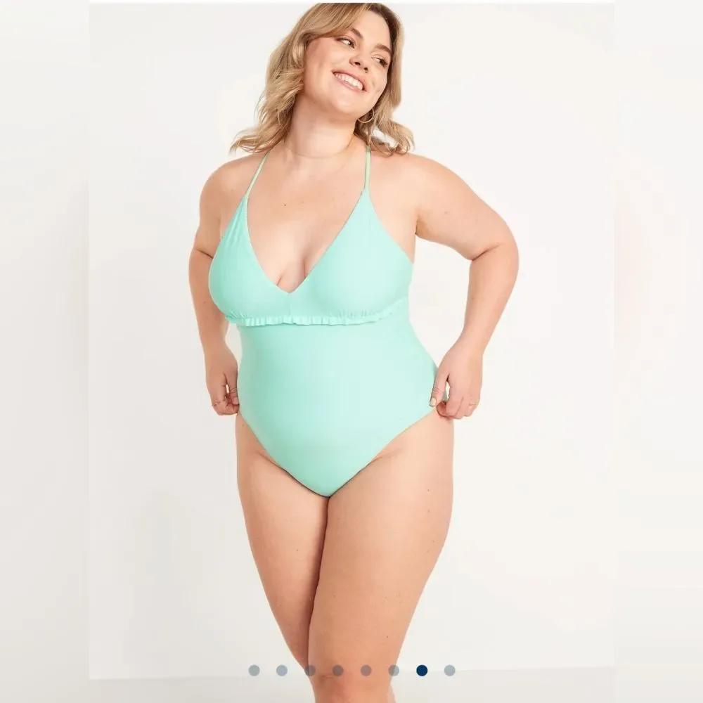 V-Neck Ruffle-Trim Cutout One-Piece Swimsuit Icelandic Fjord Old Navy (M + 2X)